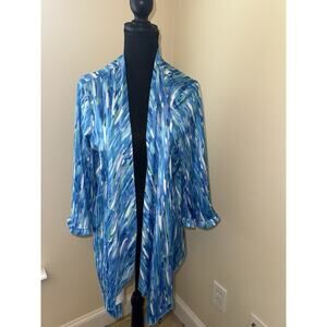 Slinky Brand Cardigan Womens Medium Blue Watercolor Print Open Front 1X Abstract